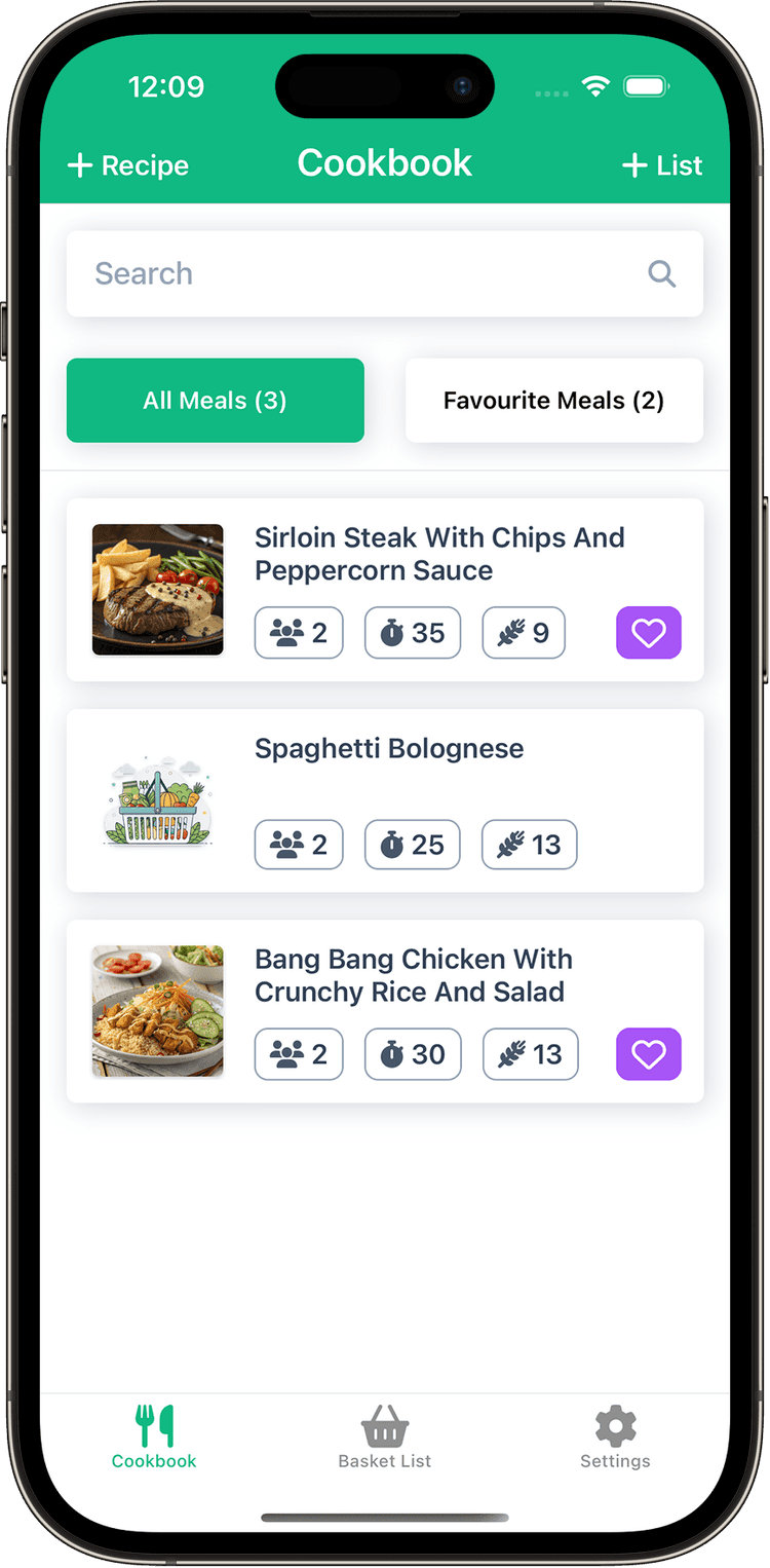 Basket List cookbook screen