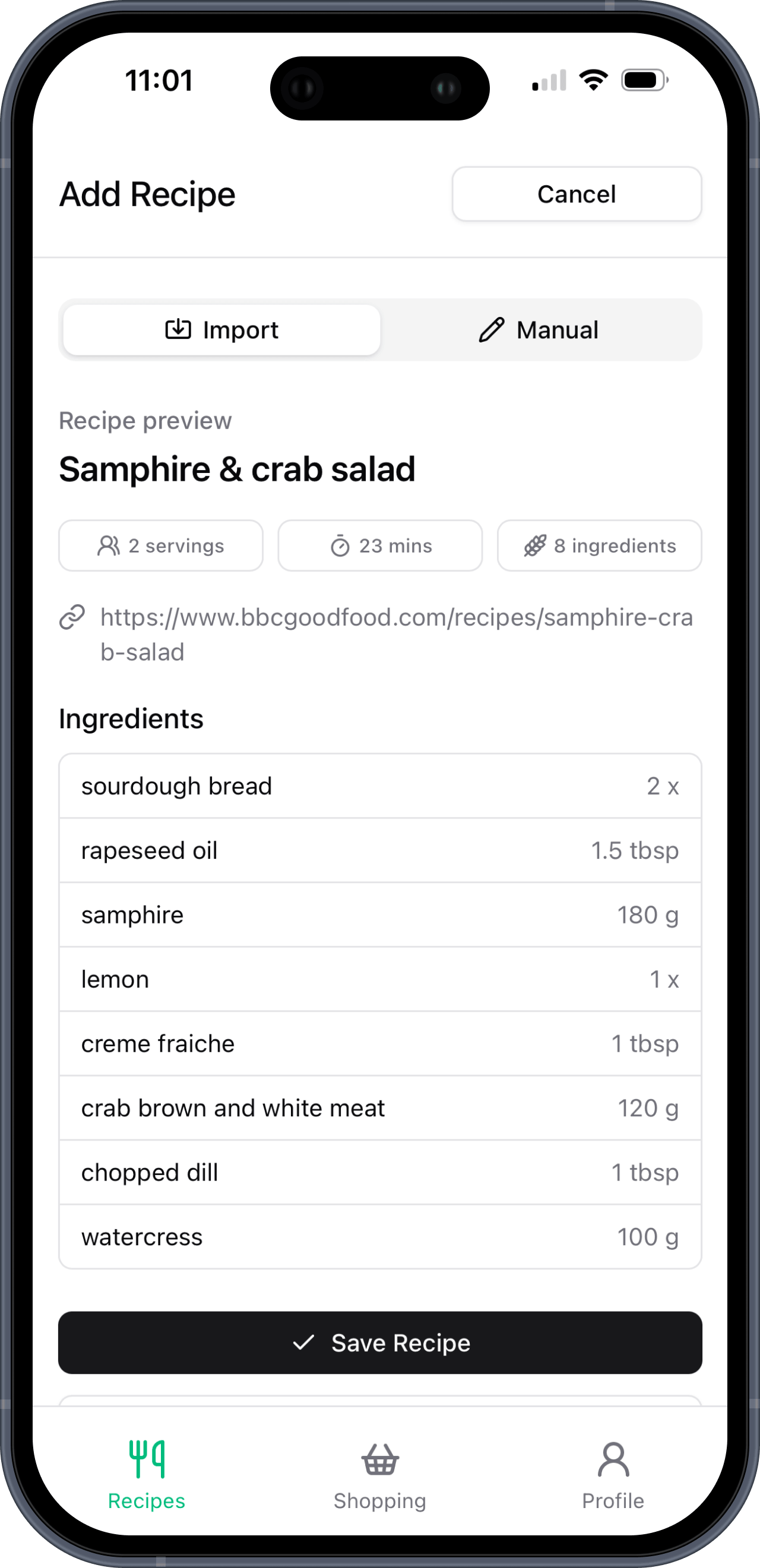 Basket List recipe import preview screen