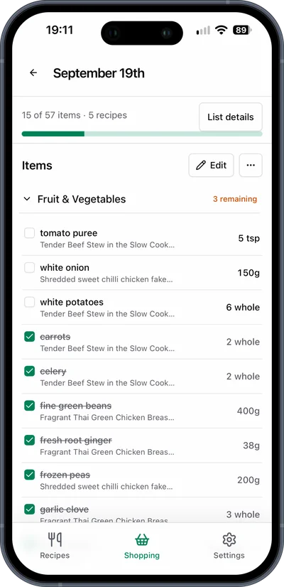 A saved Basket List shopping list with items ticked off
