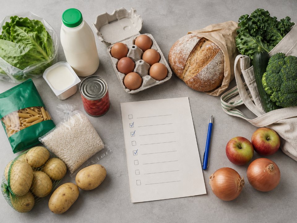 Everyday groceries arranged around a paper shopping checklist
