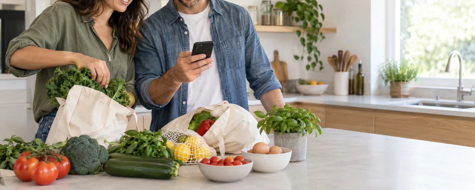 Two people unpacking groceries and checking their shopping list on a phone together