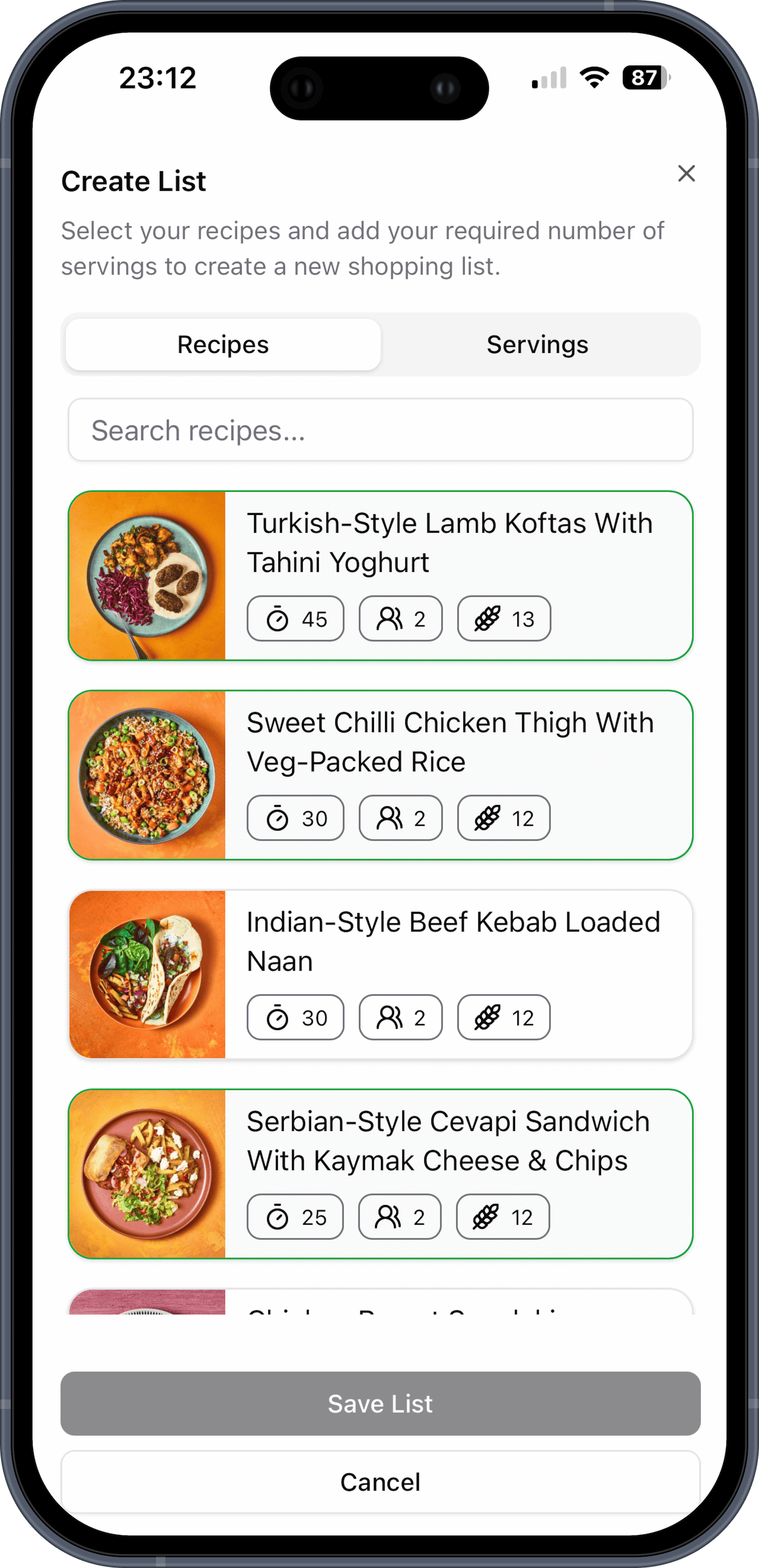 Basket List recipe selection screen