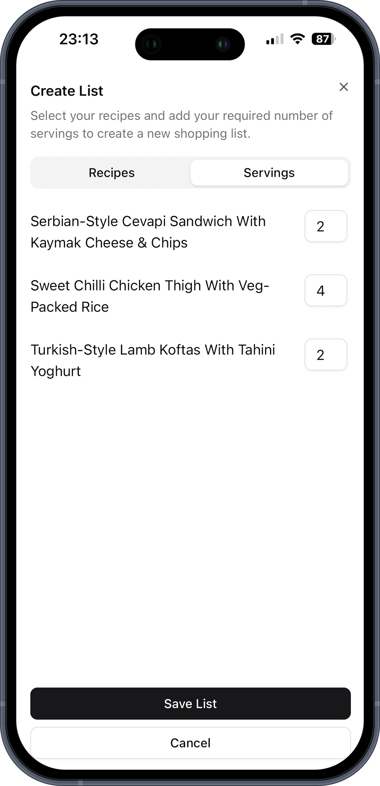 Basket List recipe servings adjustment screen